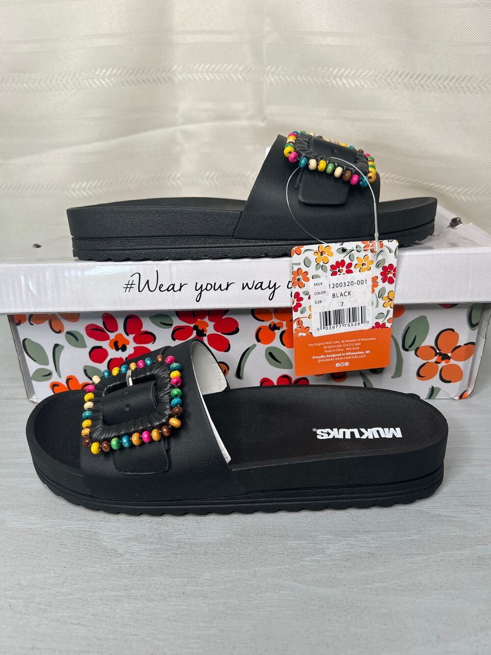Muk Luks Grand Colette Beaded Slide Sandals Black Size 7